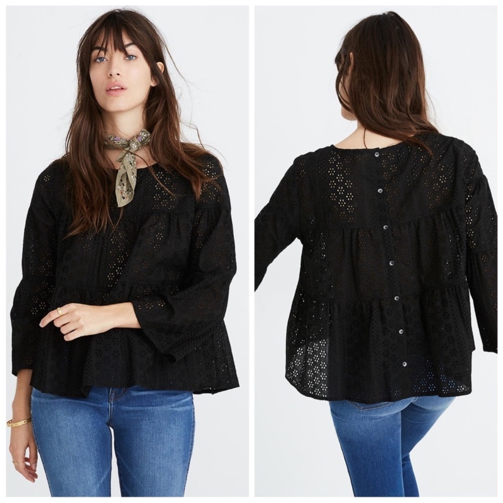 Madewell Black Eyelet Tiered Button-Back Blouse